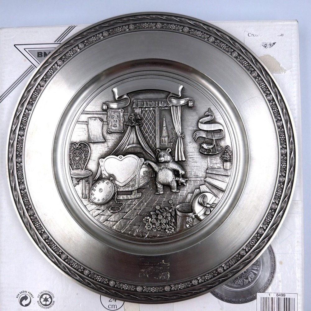 BMF Zinn 95% Pewter Collector Plate Teddy Bear Nursery Relief West Germany 9.5"